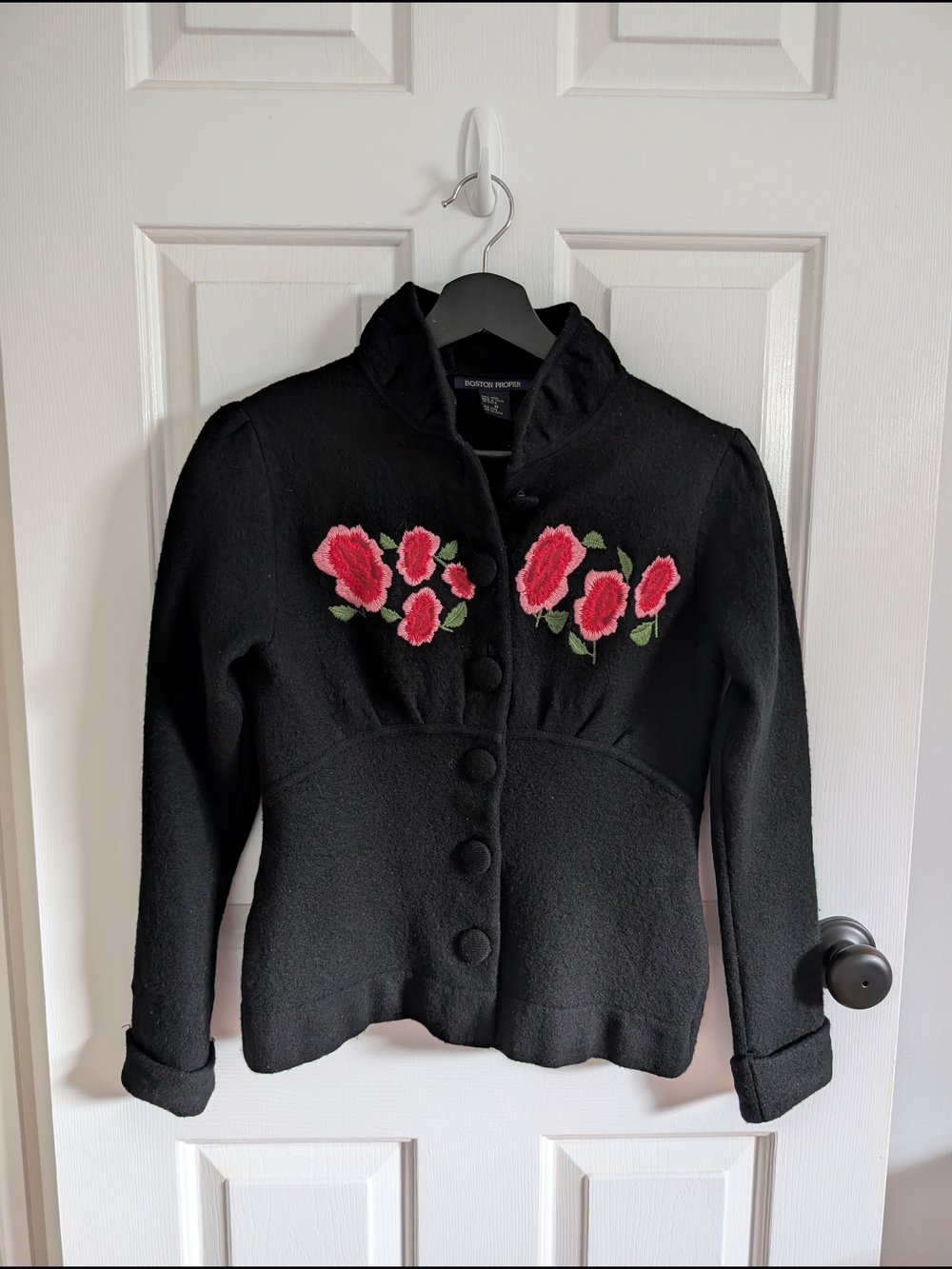 Vintage Boston Proper Womens Black Wool Jacket with Pink Rose Embroidery Medium